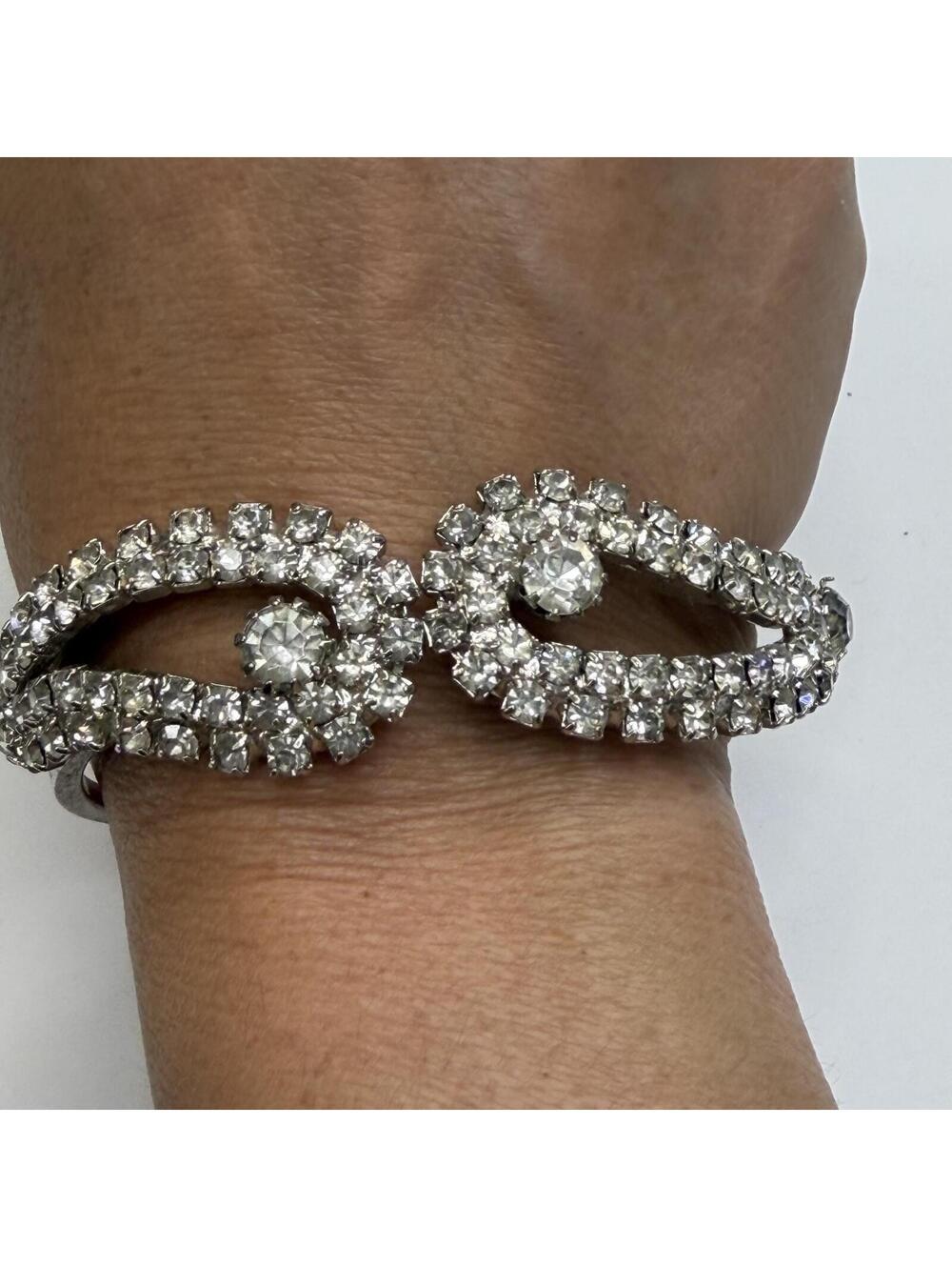 Rhinestone silver tone clamp bangle bracelet vintage 60s